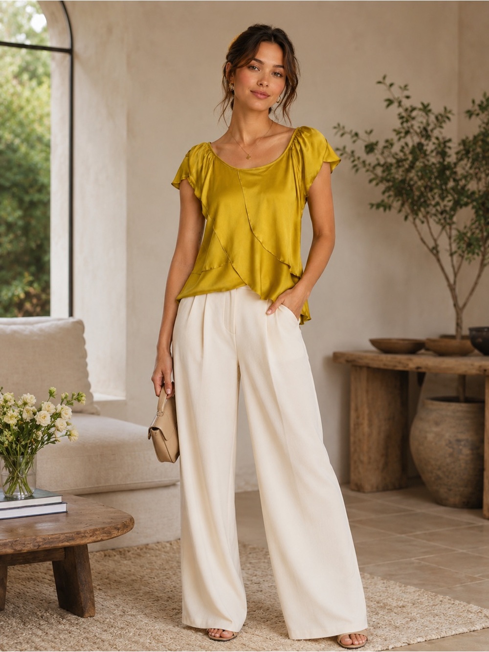 Velvet de Claire Mustard Yellow Satin Ruffle Blouse Size M